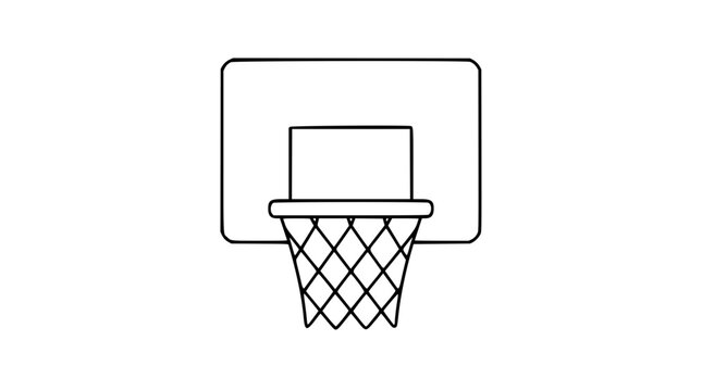 A clean black and white line art vector icon of a basketball hoop viewed from the front, perfect for sports apps, team logos, or athletic event promotional materials.