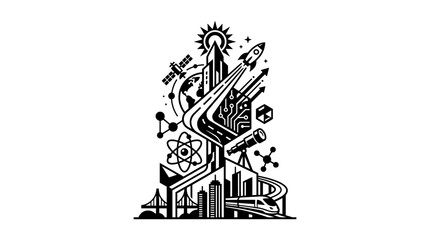 Fototapeta premium Black and white illustration of a futuristic city integrated with scientific and technological symbols.