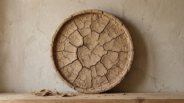 Cracked dry clay clock face leaning against a wall with fallen leaves representing the complete depletion of time and energy from burnout.