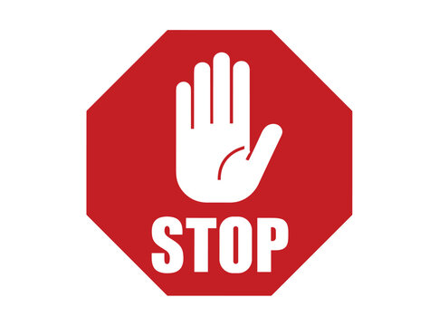 Stop Sign Gesture: A prominent red octagonal stop sign with a white hand symbol and the word STOP. danger signal, warning message, prohibition sign, traffic control, urgent alert.