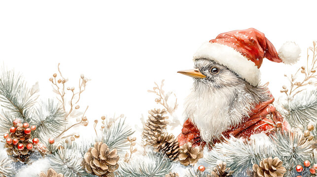 Bird wearing a santa hat with pine cones and berries in winter scene during the holiday season