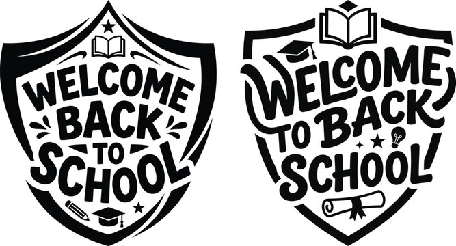 Welcome back to school shield emblems with educational icons and graduation cap during bright daylight