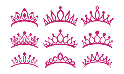 Collection of Pink Tiara Icons: A set of elegant pink tiaras, each unique in design. royal accessory, princess crown, tiara graphic, feminine headdress, beauty symbol. © Jibit