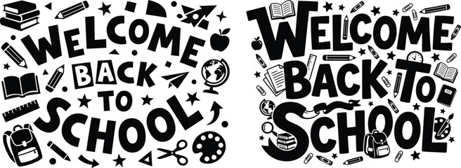 Obraz premium Welcome Back to School typography with educational icons and symbols on white background