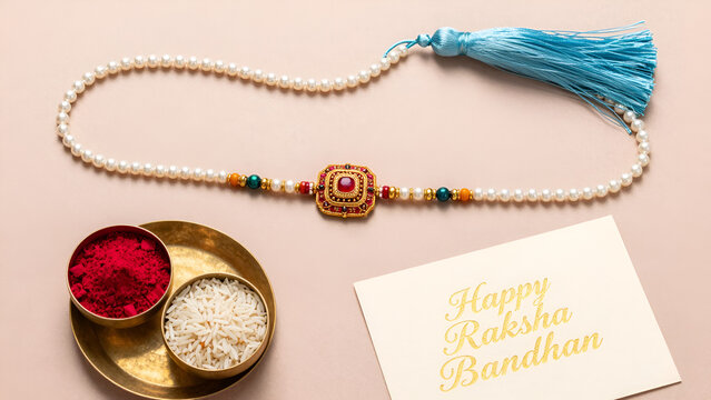 Elegant Pearl Rakhi with blue tassel, featuring a gold-plated center piece with a central ruby stone, accompanied by a Roli and Rice thali and a Happy Raksha Bandhan greeting card