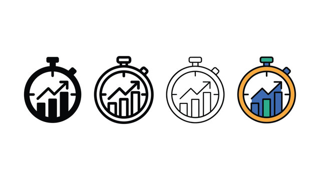 Stopwatch icons with upward trending bar charts inside circular frames