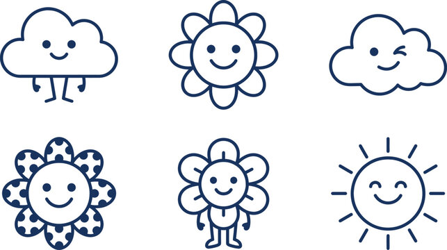 Set of six cute weather featuring smiling clouds flowers and suns with dark blue outlines on a white background in a simple flat style for children and educational