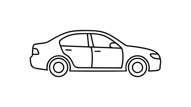 A clean black and white line art vector icon portraying a modern car in profile, applicable for dealership logos, parking facility wayfinding, or automotive comparison website graphics.