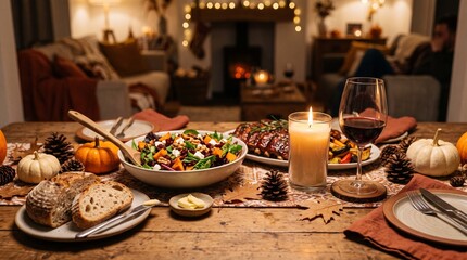 Fototapeta premium Fresh vegetables and fruits arranged on wooden table with candle