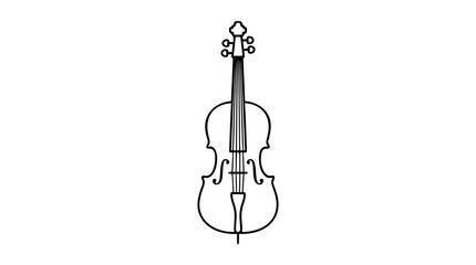 A clean black and white line art vector icon depicting a cello viewed from an angled perspective, ideal for music festival posters, instrument shop signage, or educational content. © Ema