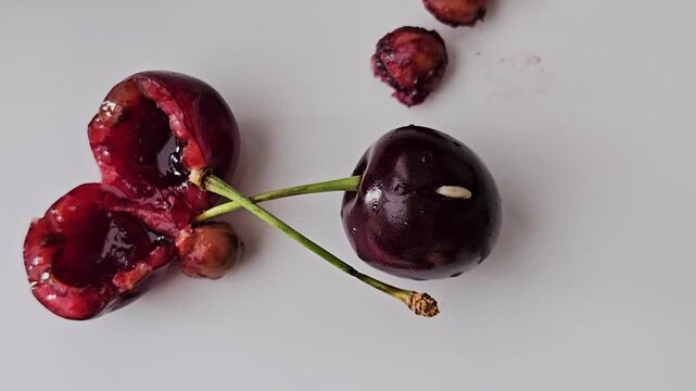 White worms crawl together into the core of ripe red cherry with juicy pulp, close-up, macro. Nutrition of cherry fly larvae. Spoiled, poor quality berry crop. 