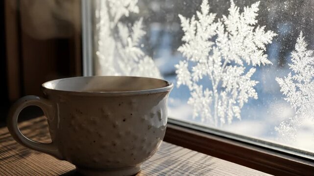 Textured ceramic mug on a wooden windowsill beside a glass pane with intricate ice frost patterns. Bright morning sunlight casts sharp shadows across the cold winter scene.