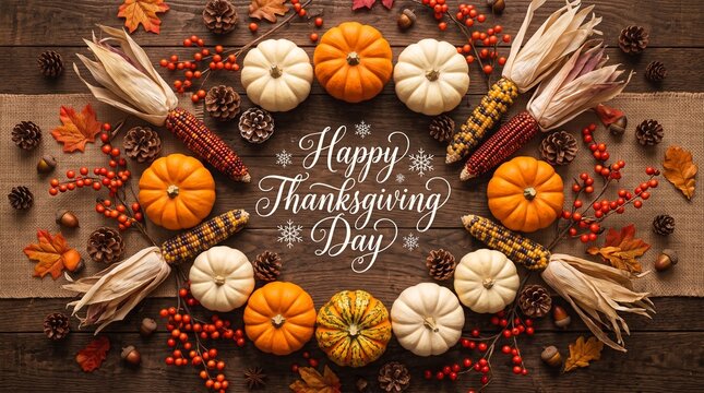Colorful thanksgiving pumpkins and gourds with holiday message