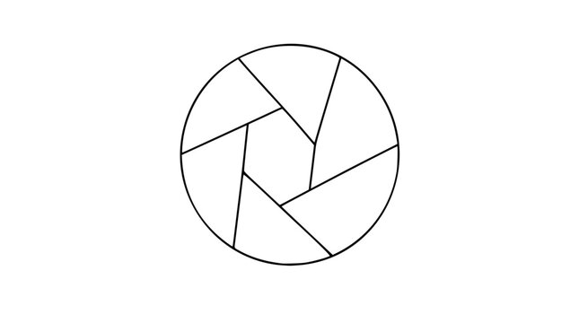 A clean black and white line art vector icon of a camera aperture with hand-drawn outline, ideal for photography apps, camera settings, and creative design tools.