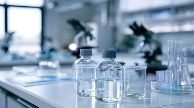 Modern research lab bench featuring glass bottles beakers and microscopes under bright ambient lighting