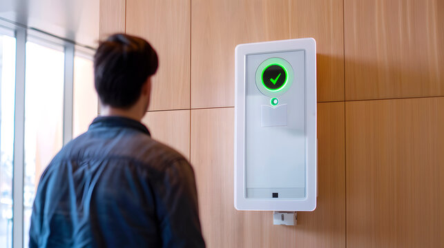 Young citizen interacting with wall digital terminal using face recognition, biometric e-voting technology concept.