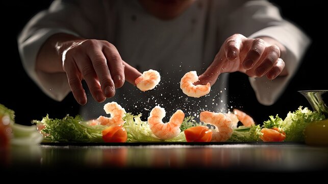 Hands plating cooked shrimp on a salad bed.
