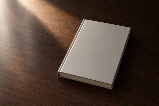 A closed, blank, light gray hardcover book rests on a dark wooden surface, illuminated by a soft beam of light from the upper left.