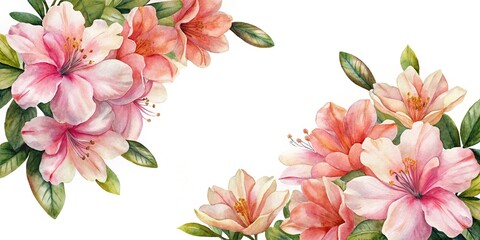 Fototapeta premium Pink and peach azalea flowers arrangement - Soft watercolor style cluster of delicate pink and peach azalea blooms with green leaves in a natural setting.