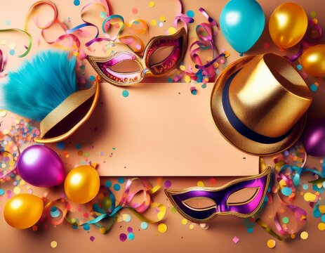 banner mit fasching accessoires luftballons mutze brille maske luftschlange und buntem konfetti
