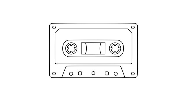 A clean black and white line art vector icon of a retro cassette tape, perfect for music apps, podcast branding, or vintage audio player interfaces.