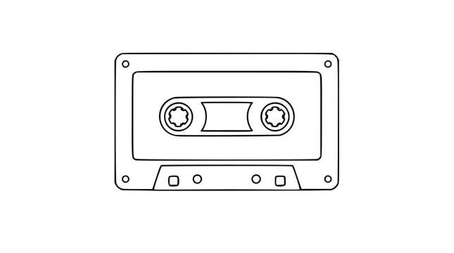 A clean black and white line art vector icon depicting a classic cassette tape, ideal for retro-themed designs, music platforms, or audio content logos.