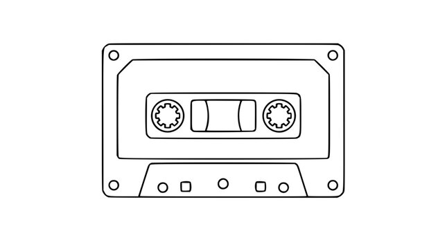 Retro black and white line art vector icon of a cassette tape, excellent for music player interfaces, vintage audio branding, or nostalgia-themed designs.