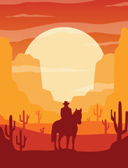 Naklejka premium Silhouette of a Cowboy Riding a Horse through a Desert Landscape during a Vibrant Sunset
