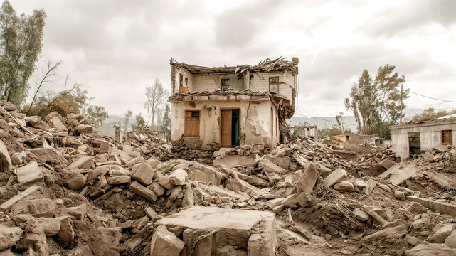 View of a collapsed building amidst rubble under a gloomy sky. Represents the importance of home insurance, financial protection, and catastrophic risk management.