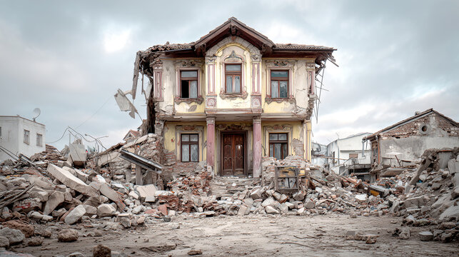 A destroyed vintage building surrounded by piles of stones and broken concrete. Concept of natural disaster, earthquake aftermath, and loss of property.