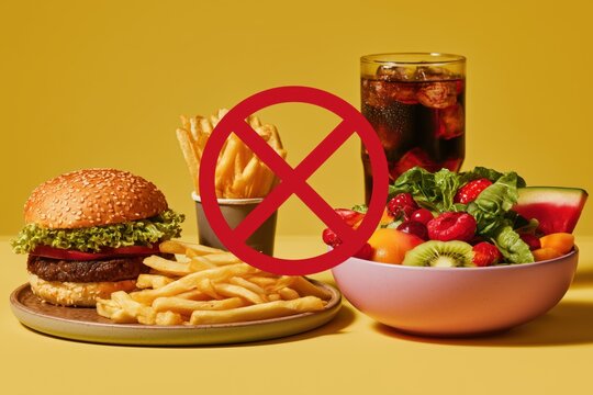 Healthy eating choice contrast showing fast food banished for nutritious salad