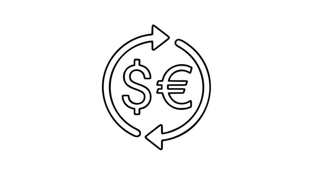 A clean black and white line art vector icon depicting currency exchange, excellent for financial services apps, banking websites, or forex trading platform interfaces.
