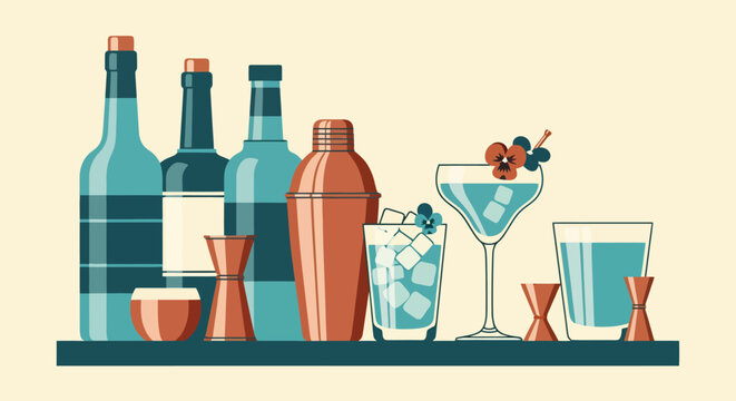 Bottles of spirits and cocktail shaker on a bar counter, flat vector art