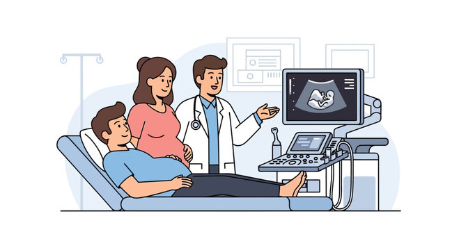 Expecting parents and doctor at ultrasound scan, baby development