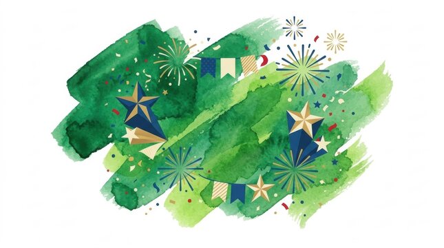 Vibrant green watercolor celebration background with fireworks and stars