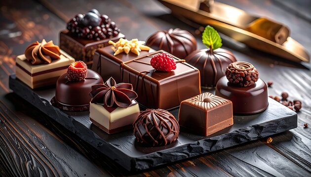 Assorted gourmet chocolate desserts on slate.