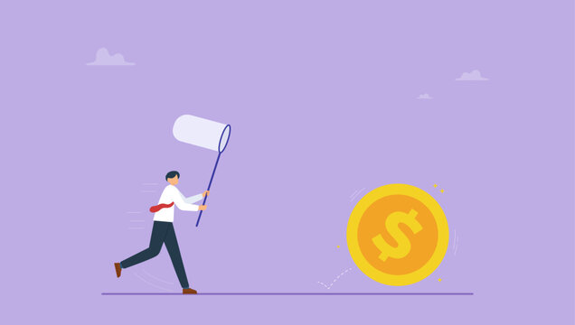 Businessman investor run chasing try to catch high performance attractive dollar coin. Chasing high performance active mutual fund, buying rising star stock or funds, catch or grab hot ETFs concept.