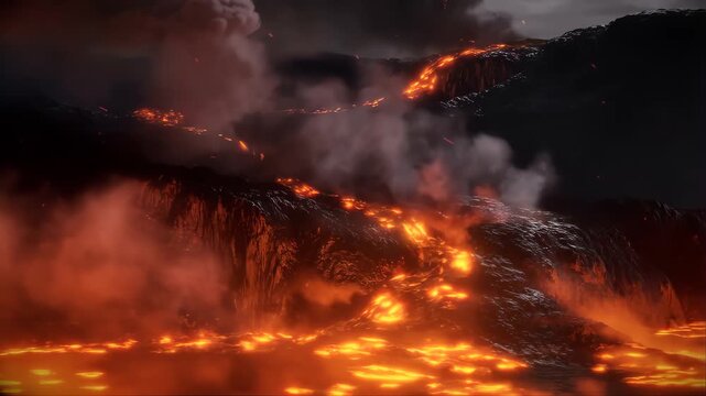 Molten Lava Flowing Slowly Down a Dark Rocky Slope with Glowing Embers and Smoke Featuring Volcanic Eruption, Fire, Nature with Landscape