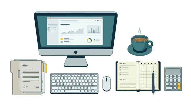 Illustration of business office supplies including desktop computer, keyboard, planner, documents without text, coffee cup and calculator, clean geometric shapes, isolated on white background.