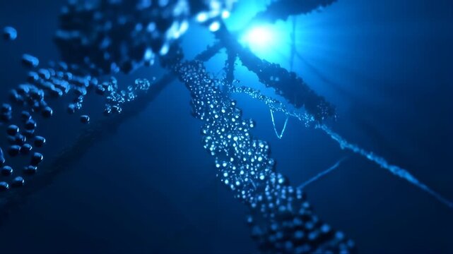 Dna Strand Glowing in a Dark Blue Cinematic Style with Water Droplets Featuring Science, Biology, Genetic with Molecular and Structure Elements