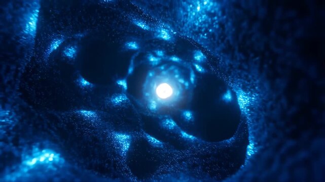 Nanoscale Cinematic World Showing Luminous Particles in a Dark Blue Cosmic Environment with Glowing Patterns