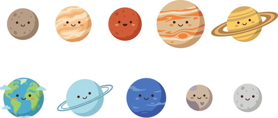 Cute Solar System Planets and Kawaii Celestial Bodies Vector Icon Set Featuring Smiling Earth Mars Jupiter Saturn Uranus Neptune Pluto and Moon Characters © MdMostakin