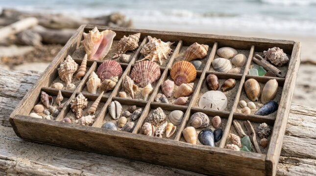 Assorted seashells and sea treasures in a wooden display box on a beach