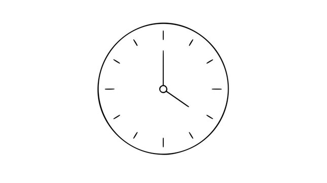 A clean black and white line art vector icon of a classic clock face with hour and minute hands, ideal for time management apps, scheduling interfaces, or deadline reminders.