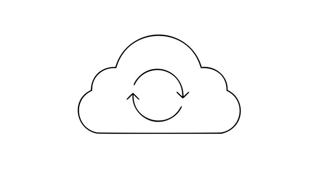 A clean black and white line art vector icon of a cloud with sync arrows, ideal for cloud computing platforms, data backup services, or file synchronization apps.