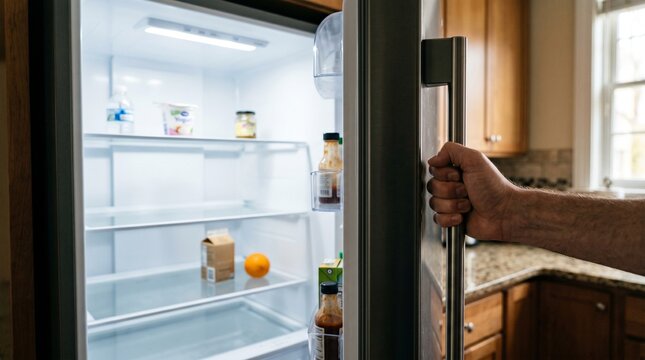 Close up of a person opening a nearly empty refrigerator in a home kitchen setting