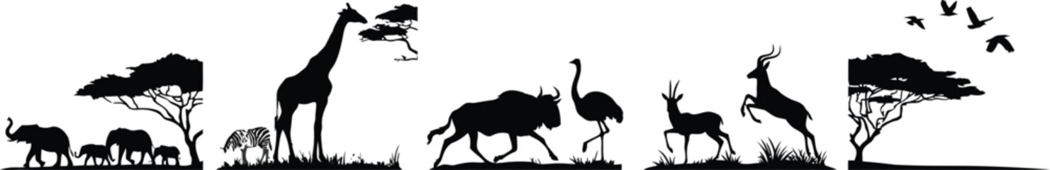 African safari silhouette wildlife scene with giraffe elephant wildebeest and antelope © Mst