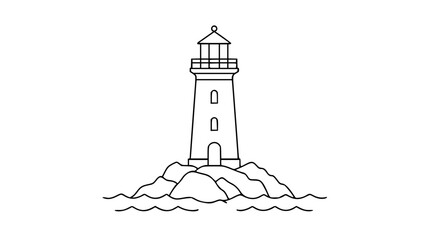 A clean black and white line art vector icon of a coastal lighthouse standing on rocky terrain, perfect for nautical themes, navigation apps, maritime branding, or travel guide illustrations. © Raju