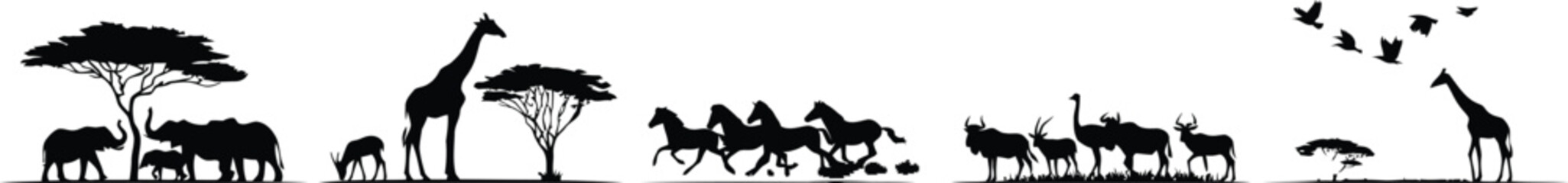 African wildlife silhouette scene with giraffes elephants zebras and birds © Mst