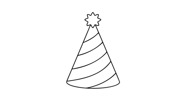 A clean black and white line art vector party hat icon with a cone shape and decorative accents, perfect for birthday invitations, celebration event promotions, or festive digital sticker collections.